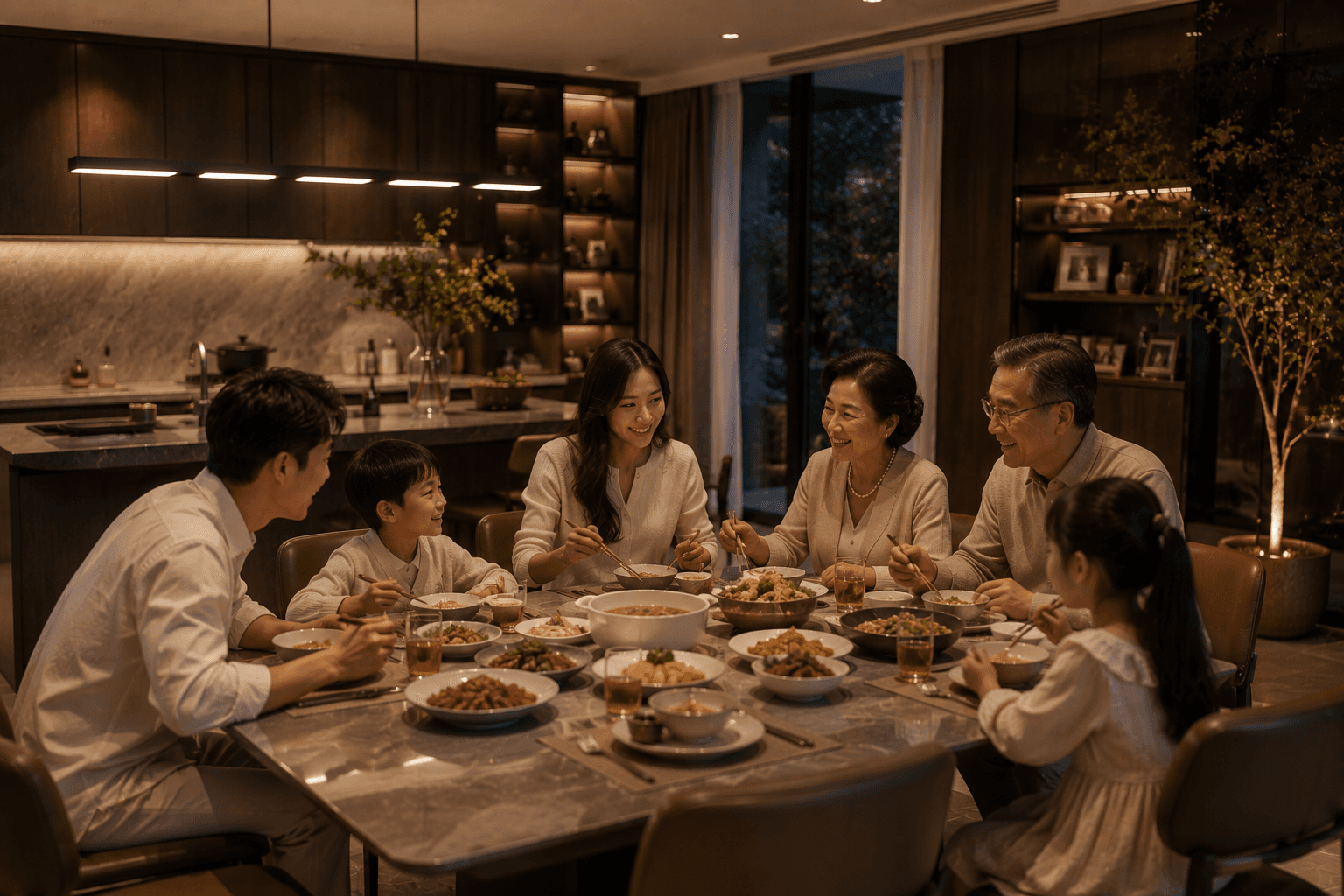 家人在餐厨空间共同用餐